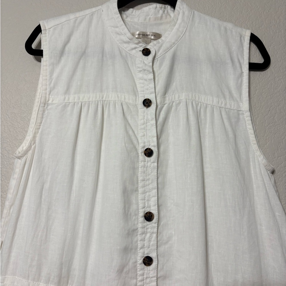 Banana Republic White Linen Flounce-Hem Mini/Midi Dress. Mandarin Collar,Pockets - Picture 4 of 15